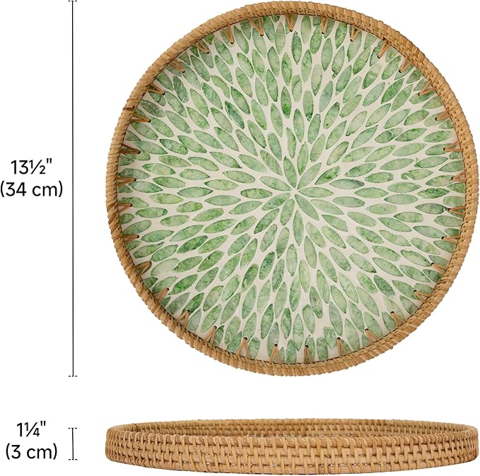 StorageWorks Decorative Coffee Table Trays for Home Decor, Round Rattan Tray with Mother of Pearl Inlay, Large Wicker Woven Serving Tray Decor for Kitchen Counter,Living Room and Ottoman, Green