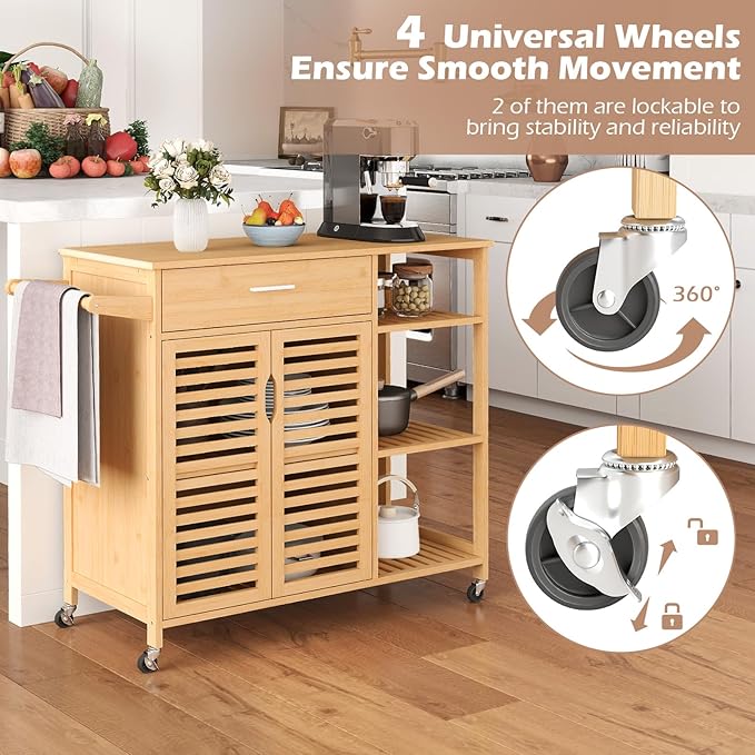 Giantex Bamboo Kitchen Island Cart, Mobile Serving Cart with Drawer, 2-Door Storage Cabinet, 3-Tier Shelves & Towel Rack, Rolling Utility Trolley for Dining Room (Natural)