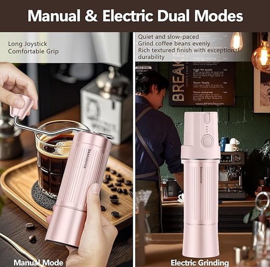 Burr Coffee Grinder 2-in-1 Manual/Electric, 40mm Stainless Steel Conical Burr Coffee Bean Grinder, USB Rechargeable Home Use, 16 Grind Levels for Espresso/Drip/French Press/Mocha (Pink)
