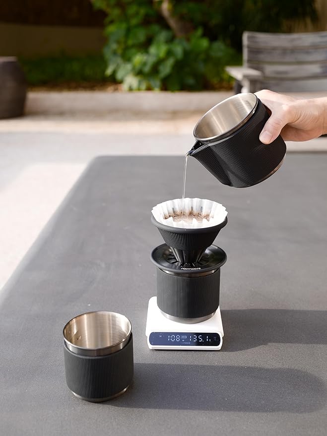 Normcore Travel Pour Over Set, Portable Pour Over Coffee Maker Set, Single Cup Travel Coffee Dripper, Use V60 and Wave Filter Paper Coffee Maker, 304 Stainless Steel, Matte Black Coating