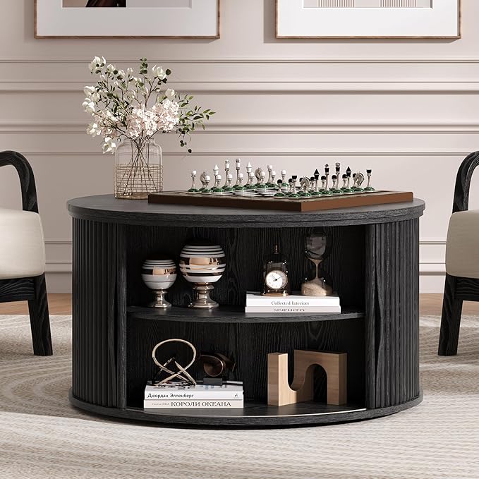 31.5" Black Round Lift Top Coffee Table, Modern Fluted Drum Center Table with Hidden Storage, Minimalist Circle Wood Desk for Living Room & Small Apartment