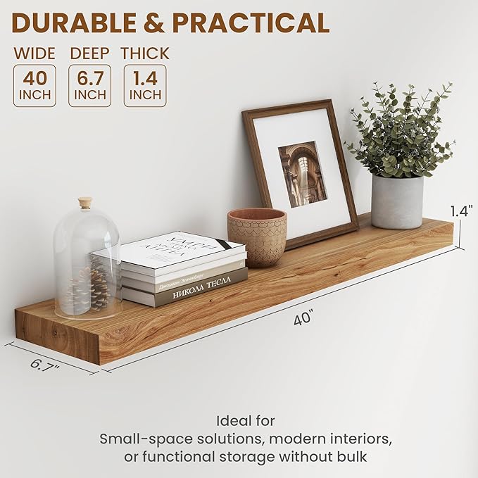 Fun Memories Wood Floating Shelves 40 Inch Long, Solid Elm Wood Wall Shelves Set of 1 for Kitchen, Living Room, Bedroom, Wall-Mounted Rustic Wooden Bathroom Shelf Storage Shelf for Farmhouse, Natural