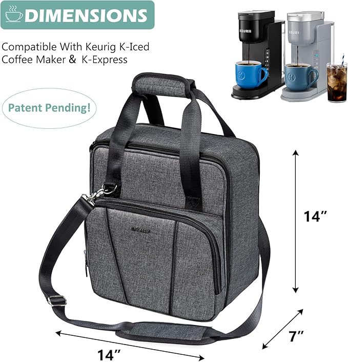 BAGSPRITE Keurig K-Express Coffee Maker Travel Bag, K-Iced Single Serve Brewer Carrying Case with Multiple Pockets for K-Cup Pods, Storage Bag With Shoulder Strap