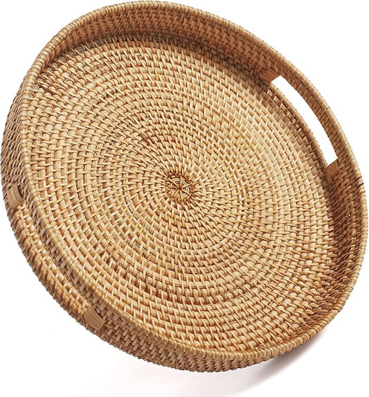 Coffee Table Tray Round Rattan Ottoman Tray Woven Serving Trays with Handles for Home and Kitchen Decorative Natural (Large 14 inch x 2.4 inch)