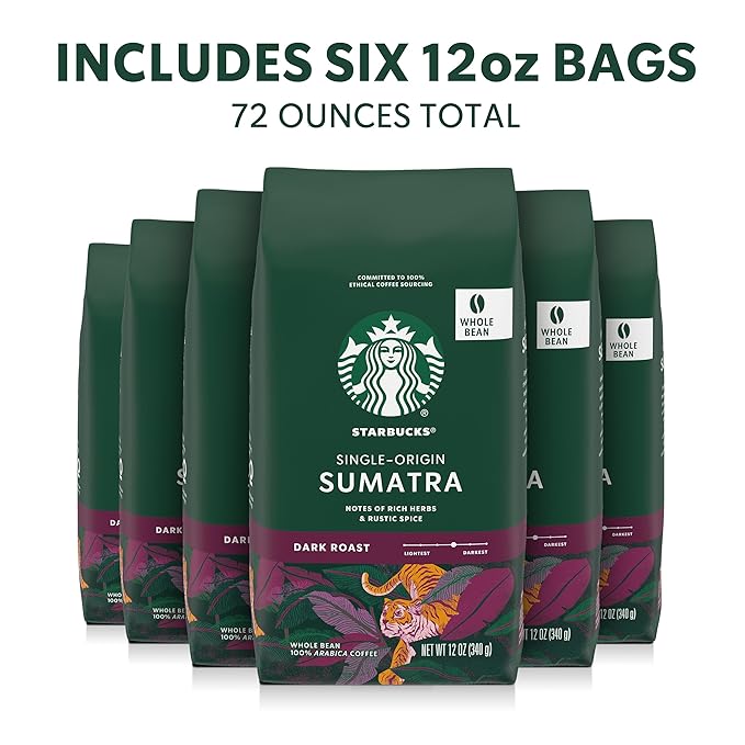 Starbucks Whole Coffee Beans, Dark Roast Hot or Iced Coffee, Single-Origin Sumatra, Six 12 oz Bags
