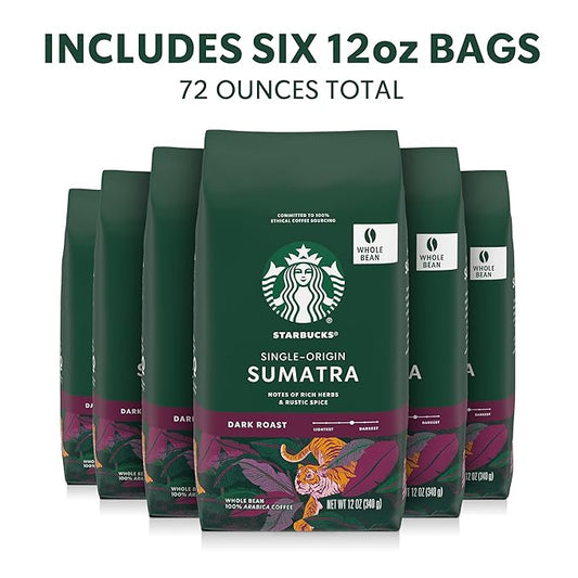 Starbucks Whole Coffee Beans, Dark Roast Hot or Iced Coffee, Single-Origin Sumatra, Six 12 oz Bags