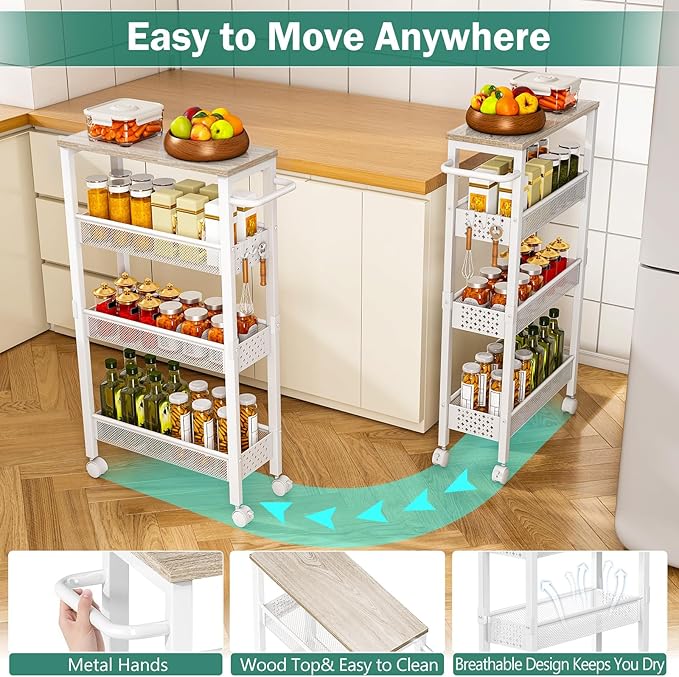 Utility Slim Storage Cart, 4 Tier Small Rolling Kitchen Laundry Room Cart with Wood Top, Metal Bathroom Storage Cabinet Mobile Shelf Unit Organizer Trolley with Handle for Narrow Space