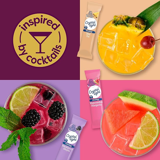 Crystal Light Mixology Drink Mix Variety Pack, 9 Packets, for Convenient On-the-Go Flavorful Hydration, Artificially Flavored Watermelon Margarita, Blackberry Mojito, Mai Tai, Zero Sugar, 1.17 oz