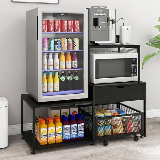 PUNCIA Mini Fridge Stand with Storage, Coffee Bar Cabinet with Power Outlet and Drawer — Beverage Refrigerator Table, Microwave Oven Stand with Rolling Basket for Home, Dorm, Apartment, Pantry