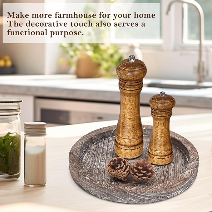 Round Decorative Wood Trays for Coffee Table Counter Farmhouse Kitchen Home Decor Centerpiece Small Wooden Candle Holder Tray Circular Serving Platter Circle Rustic Dining Table Bathroom Perfume Tray