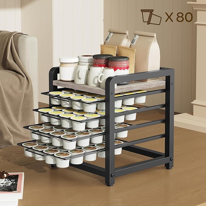 Coffee Pod Drawer Holder, 4 Tier Organizer for K Cup, 80 Pods Capacity, Spacious Storage Rack for K Cup, Space Saving, Easy Assembly, for Kitchen, Greige and Black KH04BG