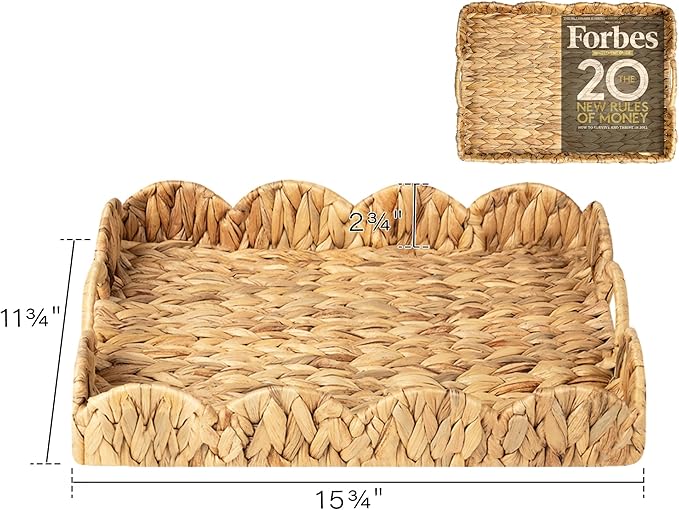 StorageWorks Rectangle Wicker Scalloped Tray, Rattan Serving Trays with Handles, Water Hyacinth Basket for Decorative & Organizing, 15.75" L x 11.5" W x 2.75" H