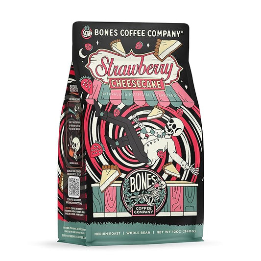 Bones Coffee Company Strawberry Cheesecake Flavored Coffee, Medium Roast Low Acid Arabica Beans Compatible with Auto drip and French Press Coffee Maker, 12 Oz Whole Bean
