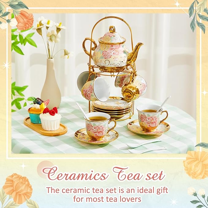 Zhehao 20 Pcs Porcelain Tea Set with Metal Holder and Spoon Adult Ceramic Tea Set European Flower Painting Teapot Cup Saucer Spoon for Women, Large Version(Gorgeous Style)