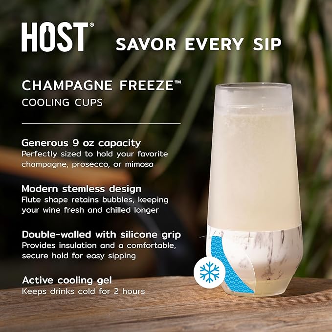 HOST Champagne Freeze Double-Walled Stemless Wine Glasses Freezer Cooling Cups with Active Cooling Gel and Insulated Silicone Grip - 9 Oz Plastic Tumblers, Seafoam Tint, Set of 2
