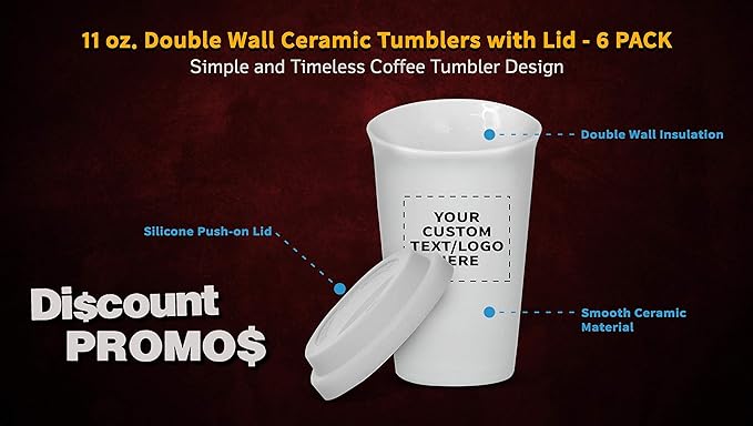 Personalized 11 oz. Double Wall Ceramic Tumblers with Lid - 6 Pack - Custom Text, Logo - White