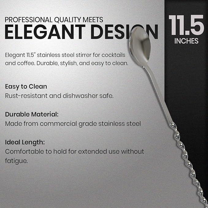 Rattleware Elegant Swirl Stem Bar Twist 11.5" Stirrer/Spoon - Commercial Grade Stainless Steel, Ideal for Drink & Coffee Enthusiasts, Perfect for Home & Commercial Use