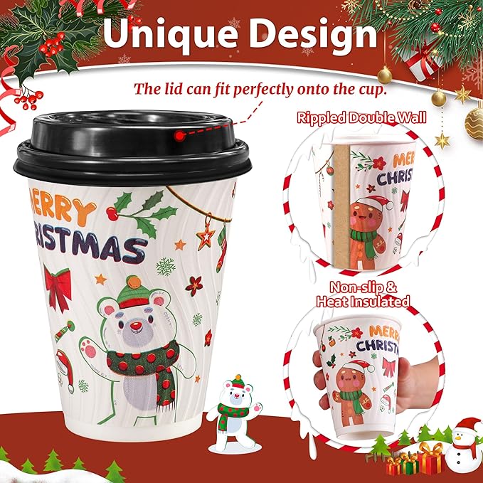 Clawsoff Christmas 100 Pack Coffee Cups with Lids 12oz, Disposable Insulated Ripple Wall To Go Paper Coffee Cups for Hot/Cold Drinks Office Home Shop Event