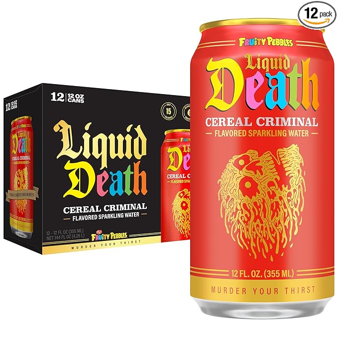 Liquid Death Soda-Flavored Sparkling Water - Cereal Criminal (Fruity Pebbles, Cream), Less Sugar*, Huge Flavor, No Caffeine, No Artificial Sweeteners, 12 Fl Oz (Pack of 12)