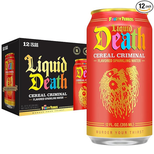 Liquid Death Soda-Flavored Sparkling Water - Cereal Criminal (Fruity Pebbles, Cream), Less Sugar*, Huge Flavor, No Caffeine, No Artificial Sweeteners, 12 Fl Oz (Pack of 12)