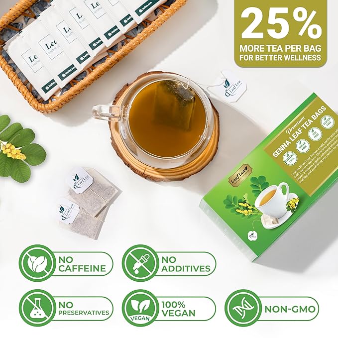 LeafLea 40 Senna Tea Bags – 100% Pure Senna Leaves, Herbal Laxative Tea for Gentle Constipation Relief, Caffeine-Free, Sugar-Free, Gluten-Free, Non-GMO, Vegan, Supports Digestive Health
