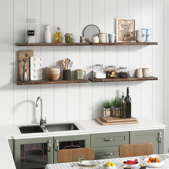 Reclaimed Elm Wood Floating Shelves for Wall, Live Edge 24"W x 9.2"D x 1.4"H, Set of 2 with Invisible Bracket, Wall Mounted Shelves for Living Room Bedroom Kitchen Bathroom Decor, Walnut Finish