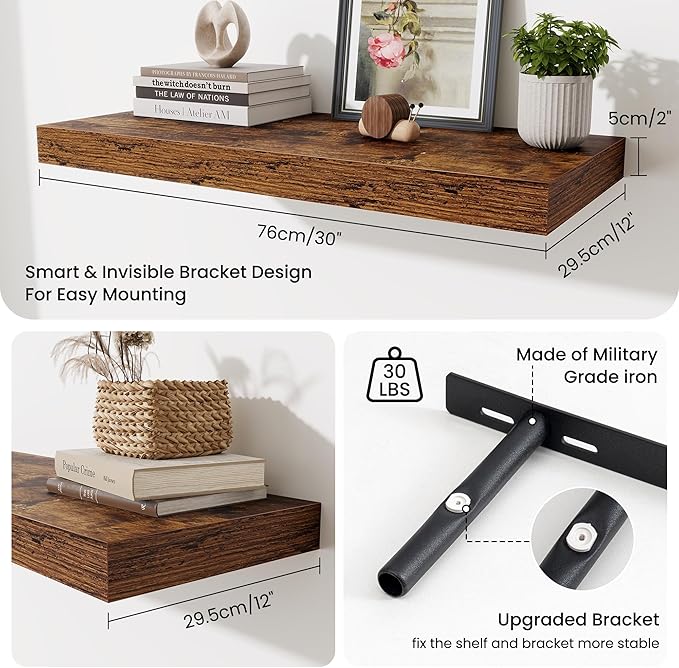 Fun Memories 12 Inch Deep Floating Shelves for Wall, 30 Inch Long Floating Shelf, 30 x 12 Shelf for Wall, Rustic Wood Bookshelves, Hanging Shelves for Bathroom Kitchen Bedroom, Rustic Brown, Set of 2