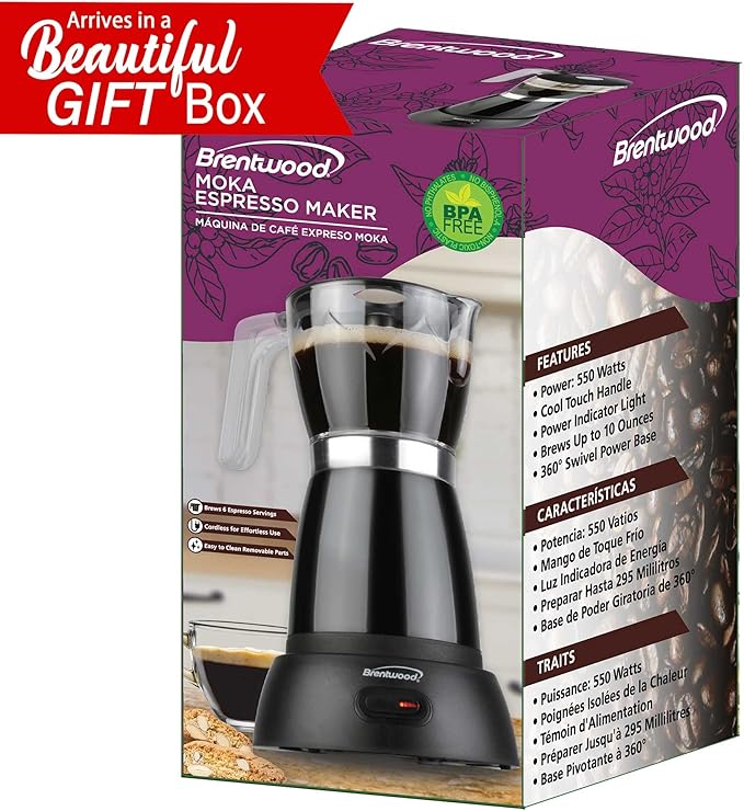 Brentwood TS-119BK 550-Watt Cordless Electric Moka Pot Espresso Machine, 6-Servings (Black)