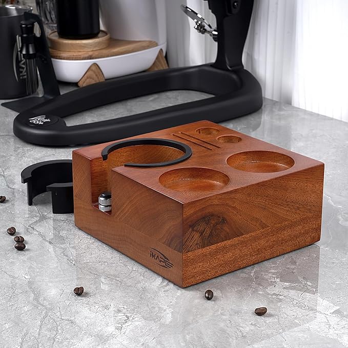 IKAPE Espresso Tamper Holder, Wooden Coffee Tamper Station Base, Natural Walnut Espresso Tamp Mat Stand Fit for 51, 54, 58mm Espresso Accessories, Smile Modeling