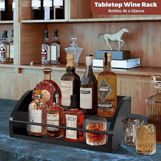 Wooden Liquor Bottle Display Shelf, Coffee Syrup Rack Organizer, 2 - Step Countertop Wine Rack, Rustic Mini Bar Cabinet, Home Retro Bar Shelf Stand for Liquor Whiskey, Spirits (Black)