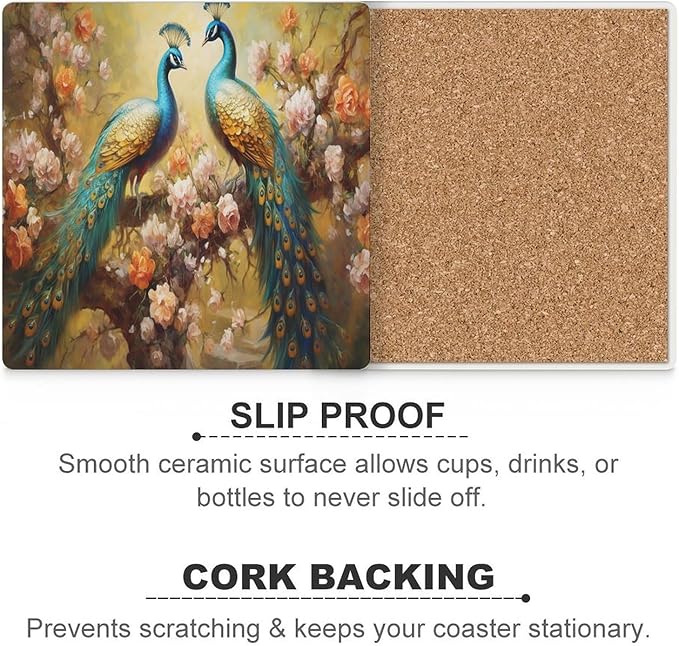 Square-4PCS Peacock Ceramic Coasters, Square Absorbent Drink Coasters, Vintage Art Beautiful Plant Floral Green Peacock Ceramic Table Coasters for Coffee, Beverage, Wine, Beer Coasters
