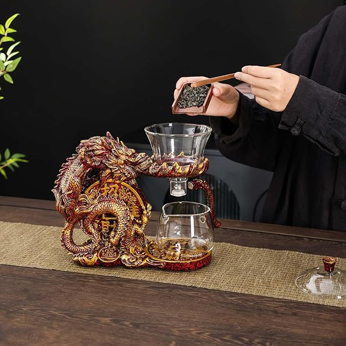 Glass Teapot Set with Infuser Semi Automatic Dragon Tea Set with 6 Small Cups (red golden dragon-b)