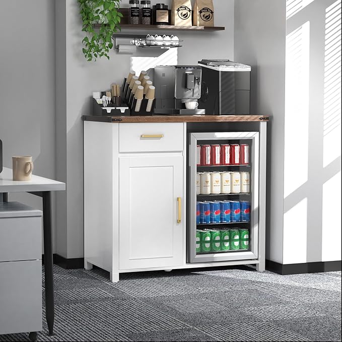 GDLF Coffee Bar with Mini Fridge Space, Mini Fridge Cabinet Stand，Liquor Wine Cabinet for Dorm, Kitchen or Office, 39.4" W X 20.9" D Tabletop，White