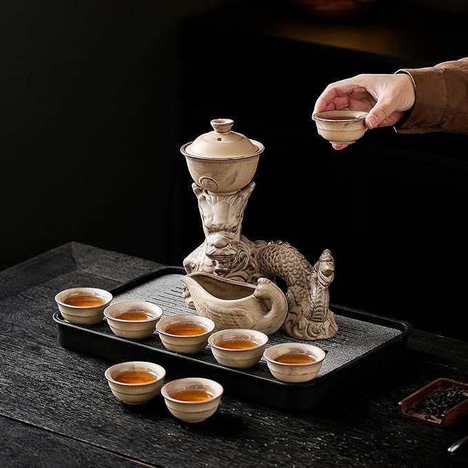 Ceramic Teapot with Infuser Semi Automatic Tea Set Magic Teapot with 8 cups Gradient Color (Retro Dragon- C)