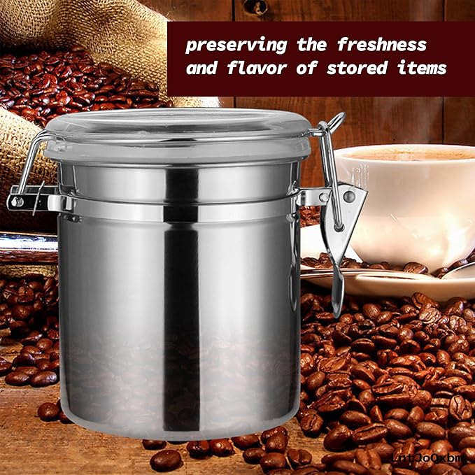 Stainless Steel Vacuum Seal Coffee Canister With Clear Lid, Airtight Food Storage Container With Locking Clamp for Coffee Beans, Tea, Cereal, Nuts (Stainless Steel With Clear Lid, 28.6 fl oz / 850ml)