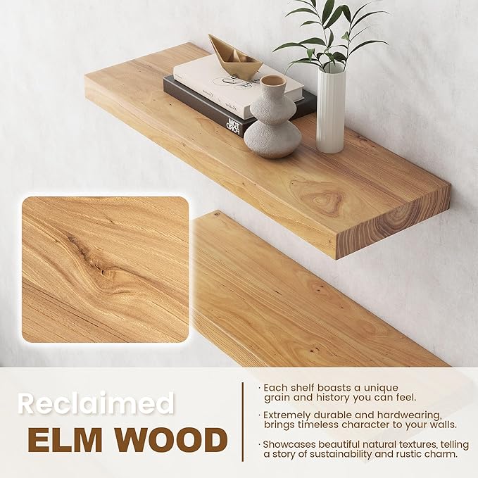 Elm Floating Shelves for Wall Decor, Rustic Solid Wood Shevles Wall Mounted with Invisible Bracket for Living Room Bathroom Bedroom Kitchen, 55 Inch Set of 1, Natural