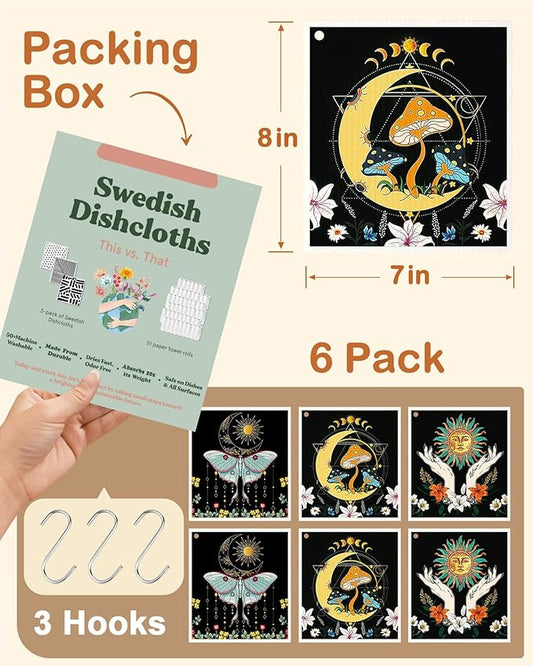 Kitchen Swedish Dishcloths with Hooks - 6 Pack Reusable Dish Cloths for Washing Dishes Fast Drying Cute Fun Swedish Dish Towels Washable Cleaning Sponge, Sun Moon Butterfly