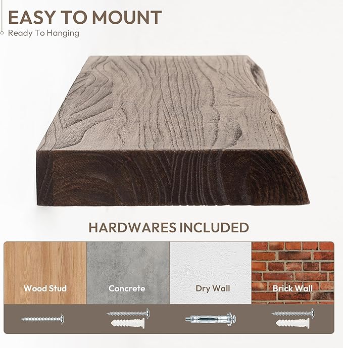 Marsmiles 72 inch Floating Shelves for Wall Elm Wood Live Edge Shelves Wall Mounted|Rustic Long Floating Shelves with Invisible Bracket for Bathroom Living Room Kitchen|Walnut, 1 Pack