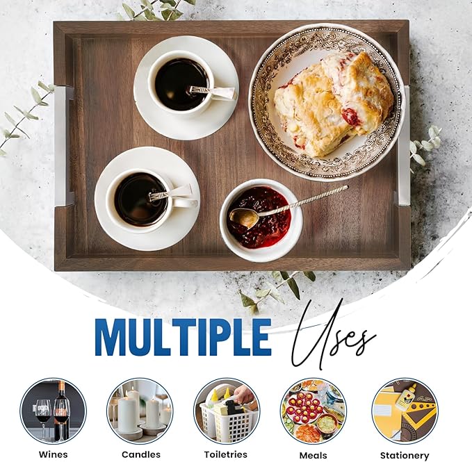 Large Wooden Ottoman Tray with Handles for Serving Food, Decorative Serving Platter for Breakfast, Dinner & Bar, 17.5x11.8 in Rustic Storage Tray for Kitchen, Bedroom & Gift Packaging
