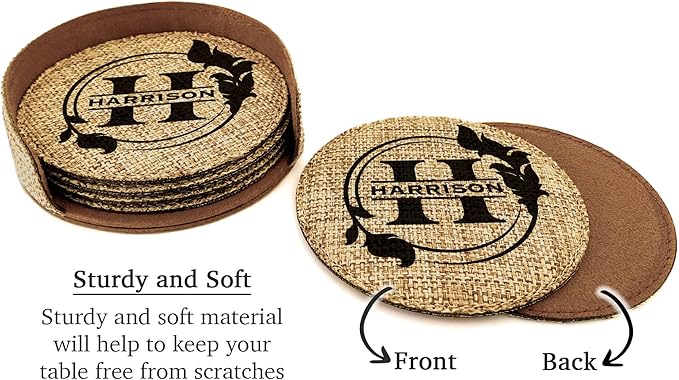 Smile Art Design Family Custom Monogram Coaster Set of 6 with Base Round Burlap Material Family Name and Date Personalized Prints Personalized Gifts House Warming Wedding Gift Rustic Decor Style1