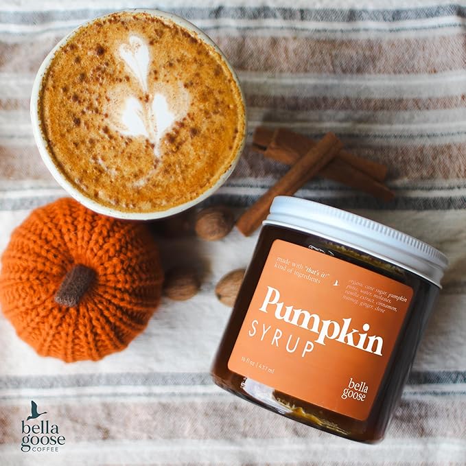 Bella Goose Pumpkin Spice Coffee Syrup Jar (16oz) - Pure Pumpkin Syrup for Lattes, Matcha, Desserts, & Ice Cream - Clean Ingredients - No Artificial Flavors- Syrups for Coffee Drinks, 32 Servings