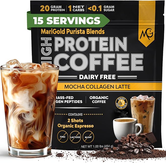 MariGold High Protein Collagen Coffee - Mocha Collagen Latte, Dairy Free, 20g Grass-Fed Type I & III Collagen Peptides, Energy Boost, 2 Shots Organic Espresso, Non-GMO, 1 Lb Bag, 15 Servings