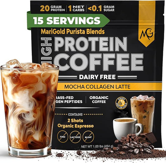 MariGold High Protein Collagen Coffee - Mocha Collagen Latte, Dairy Free, 20g Grass-Fed Type I & III Collagen Peptides, Energy Boost, 2 Shots Organic Espresso, Non-GMO, 1 Lb Bag, 15 Servings