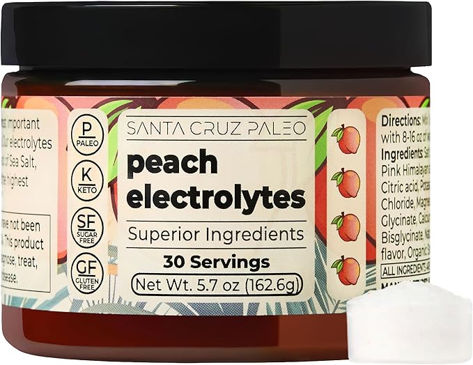 Santa Cruz Paleo Electrolyte Powder, Peach Flavor, Sugar Free Hydration Drink Mix with Himalayan Pink Salt, Sea Salt, Magnesium Glycinate, Potassium Chloride, Sweetened with Stevia, 30 Servings