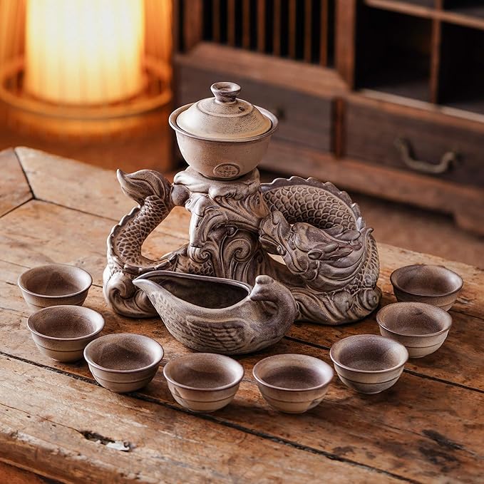 Semi Automatic Tea Set Ceramic Teapot with Infuser Magic Teapot with 8 cups (Retro Dragon-D)