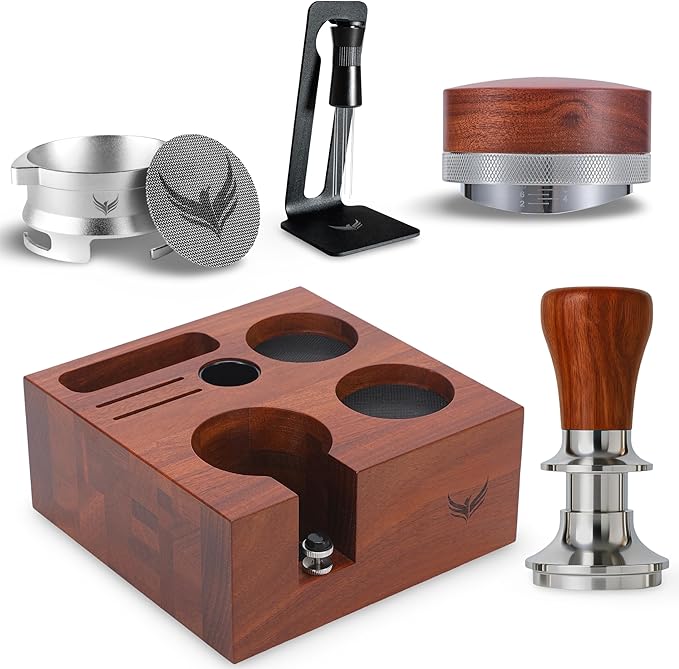 KNODOS 54mm Espresso Accessories Set – Must-Have Coffee Tools Set with Tamper, Distributor, WDT Stirrer, Dosing Funnel, Puck Screen & Rosewood Organizer | Espresso Machine Accessories Kit