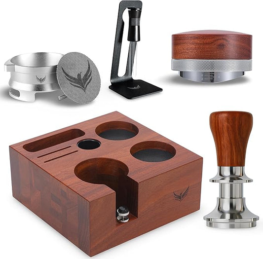 KNODOS 54mm Espresso Accessories Set – Must-Have Coffee Tools Set with Tamper, Distributor, WDT Stirrer, Dosing Funnel, Puck Screen & Rosewood Organizer | Espresso Machine Accessories Kit
