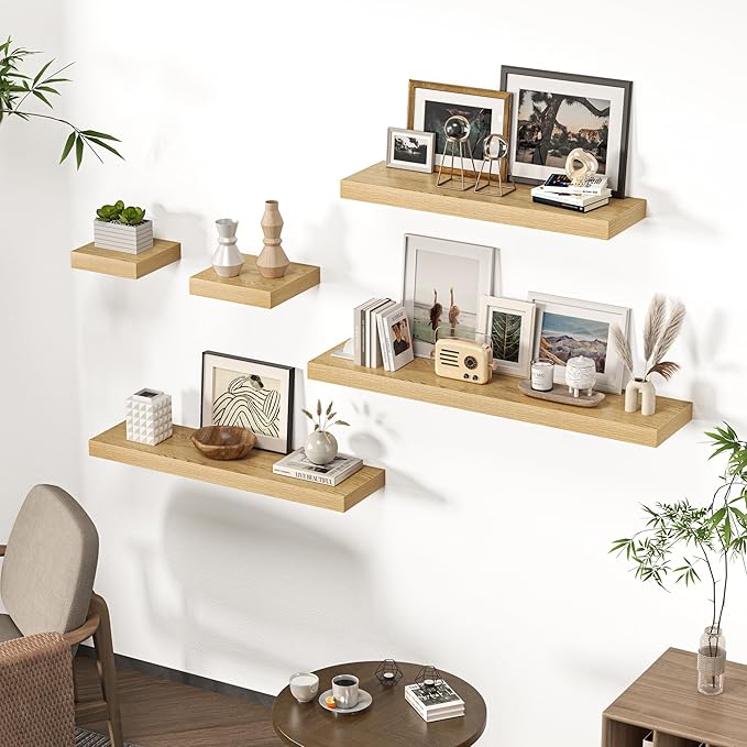 Floating Shelves for Wall, 72"W x 9.3"D x 1.5"H, Long Wooden Wall Mounted Display Shelves with Invisible Brackets for Living Room, Bedroom, Bathroom, Kitchen Decor and Storage, Set of 1, Oak