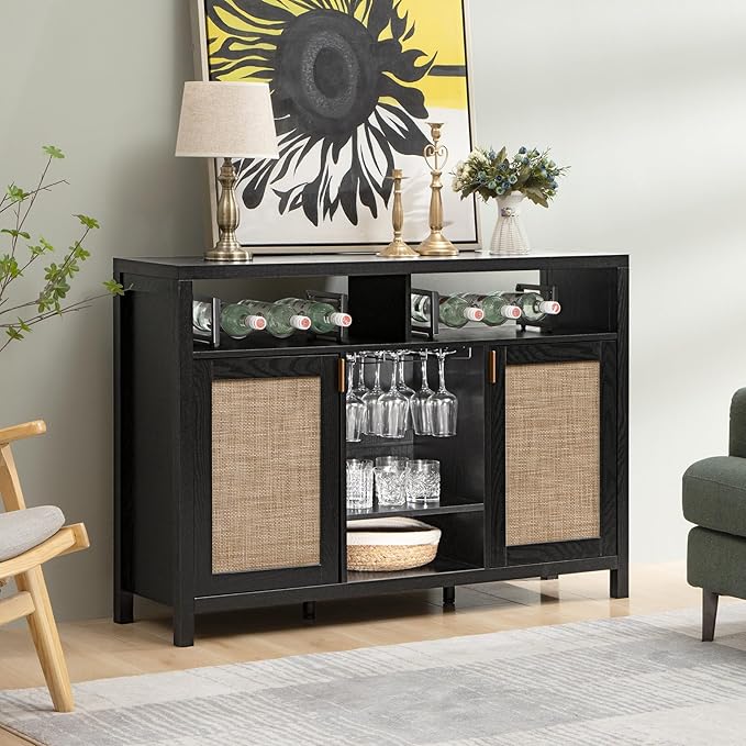 SICOTAS Rattan Coffee Bar Cabinet, 51" Sideboard Buffet Cabinet with Storage, Modern Liquor Cabinet with Wine Racks Credenza Console Buffet Table for Home Living Dining Room, Black Oak