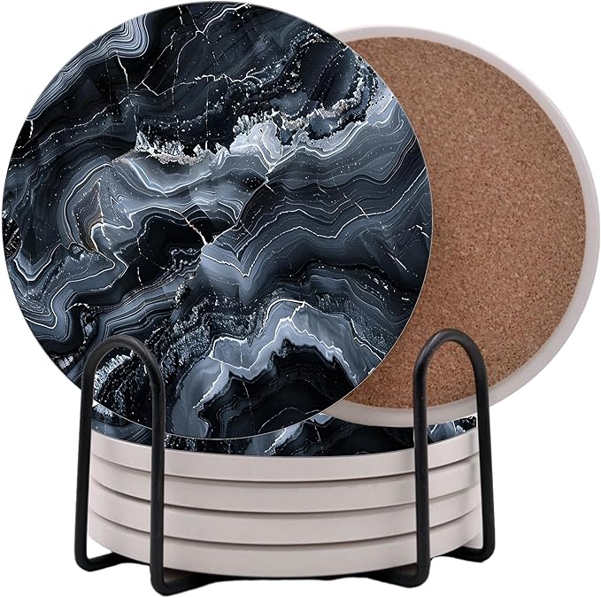 Black Agate Marble Round Coasters Set of 6 - Abosrbent Ceramic Coasters with Metal Stand for Drinks, Coffee, Non-Slip Cork Back for Tabletop Protection, 4 Inches Marbled Pattern (Agate)